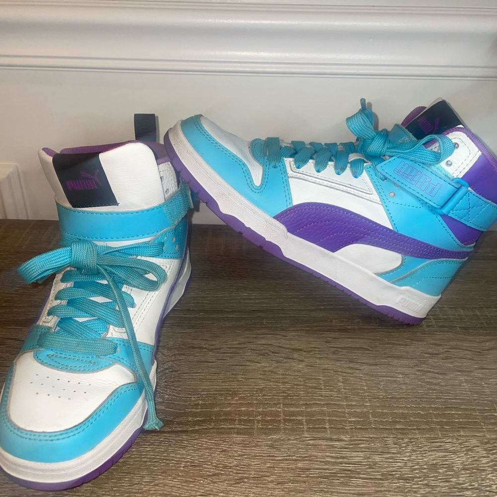 Puma RBD GAME HEIGHT TOP Unisex Kids Size 5 White Turquoise & Purple Leather